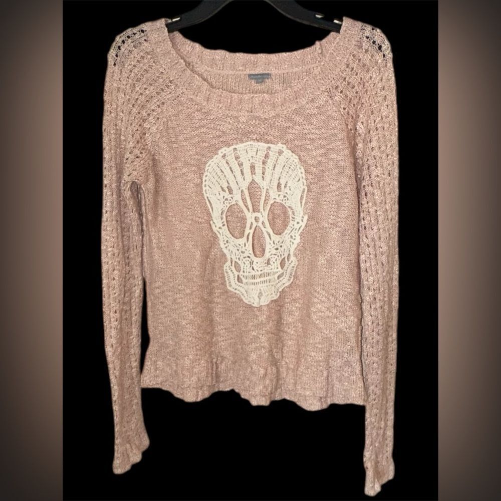 Y2K Charlotte Russe Pink Open-Knit Skull Sweater M Goth Emo Core Aesthetic punk